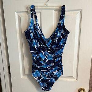 Miraclesuit Navy Blue One-Piece with Bright Blue Seashell Print